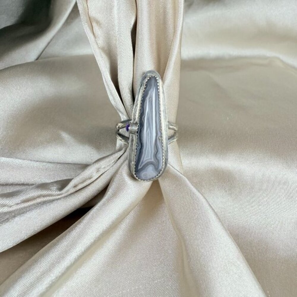 Silver Statement Ring with Gray Banded Agate Natural Gemstone Jewelry Size 11